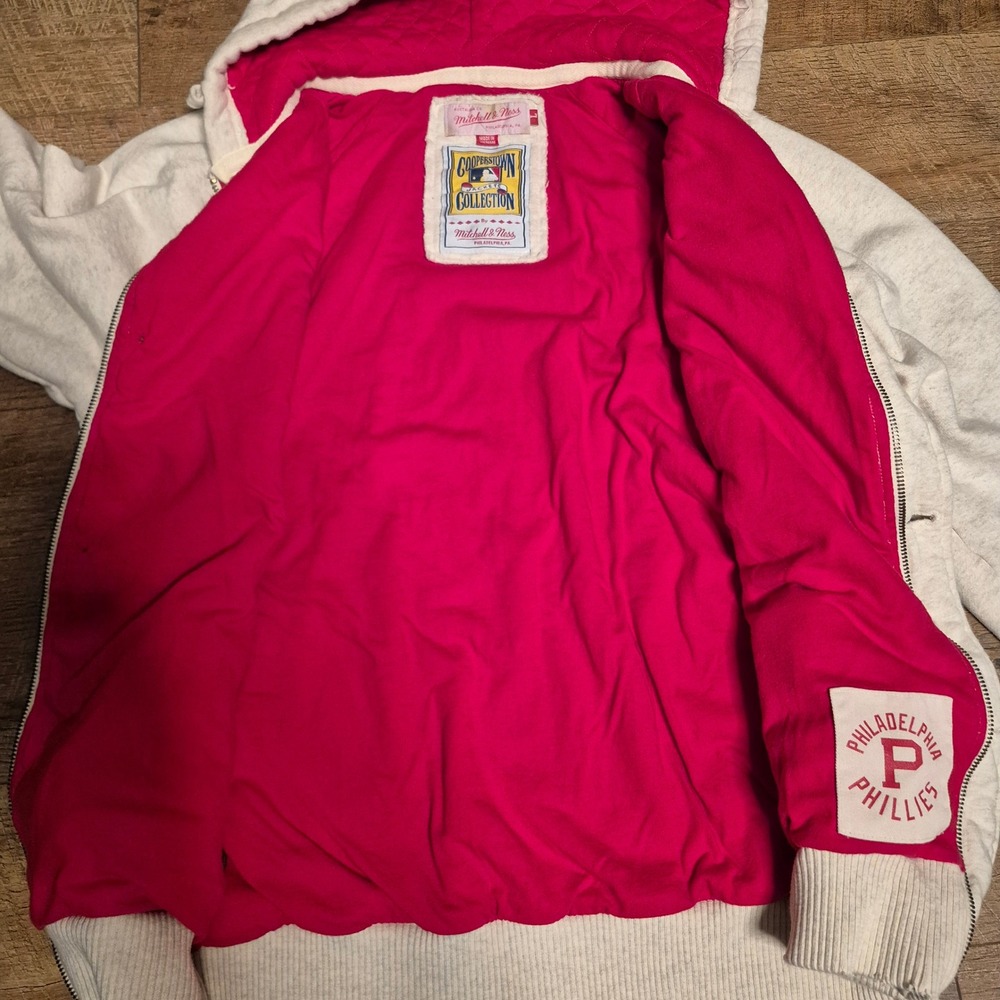 Philadelphia Phillies Hoodie Jacket Mitchell & Ness Cooperstown Mens L Cream MLB - Picture 10 of 12